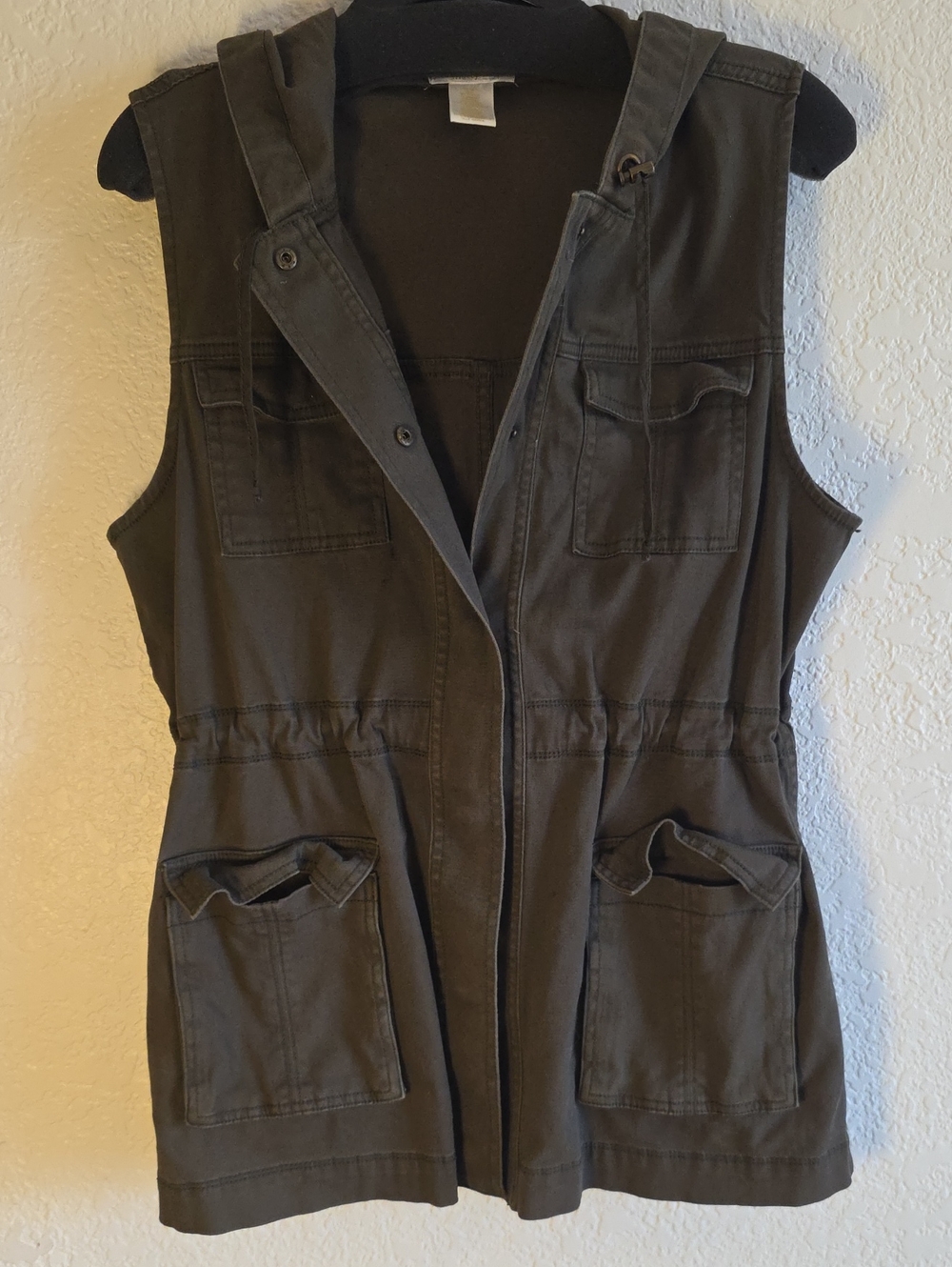 Matty M Olive Green Sleeveless Utility Jacket with Hood